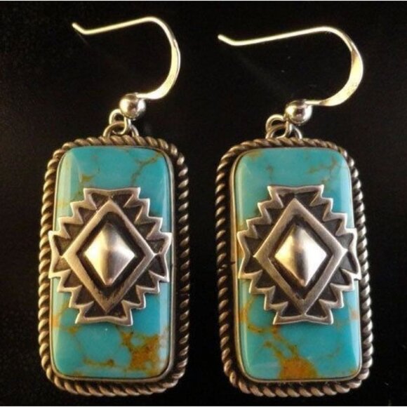 Imitation Turquoise Silver Tone Dangle Earrings With Southwest Design - Picture 1 of 1
